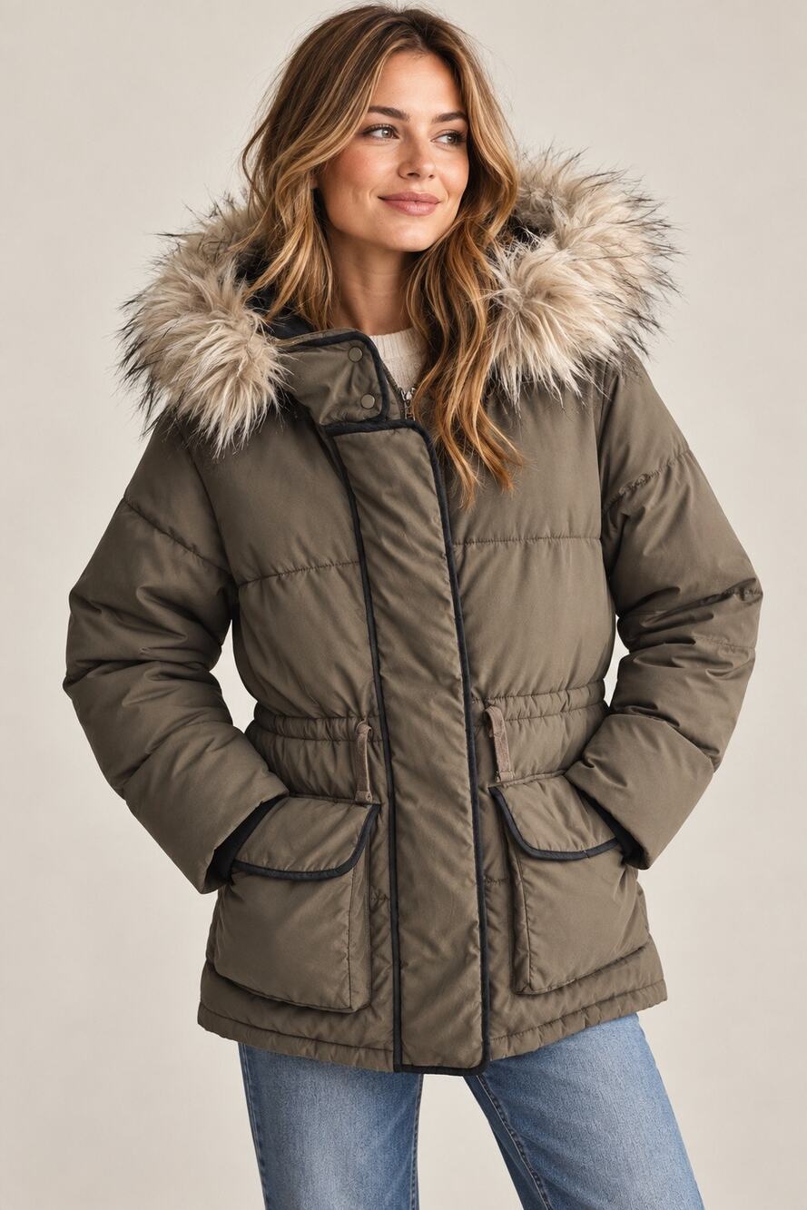 Abercrombie & Fitch Faux Fur Hooded Puffer Parka Jacket Olive XS